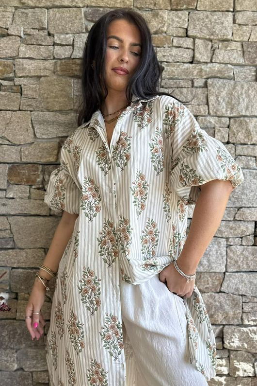 Mika Flower & Stripe Duster Shirt Stone